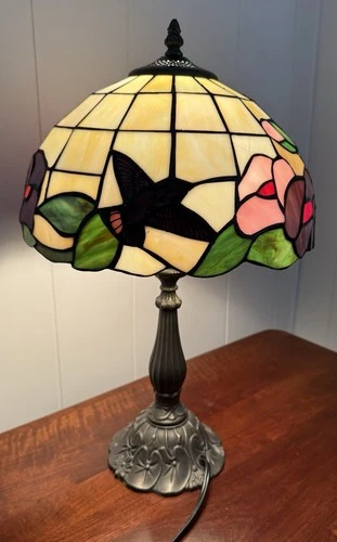 Vintage Tiffany Style Stained Glass Table Lamp Floral Pink Purple Green 18" Tall
