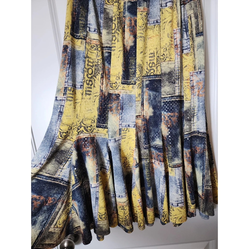 Maxi Falda Vintage JOSEPH RIBKOFF Amarilla Boho Elastizada Brillante Retazos Talla 8 Foto 3 de 4