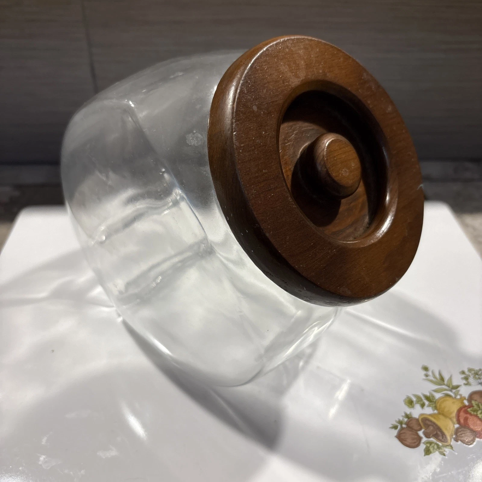 VTG Mid Century Modern Teak Lid Clear Glass Cookie Jar