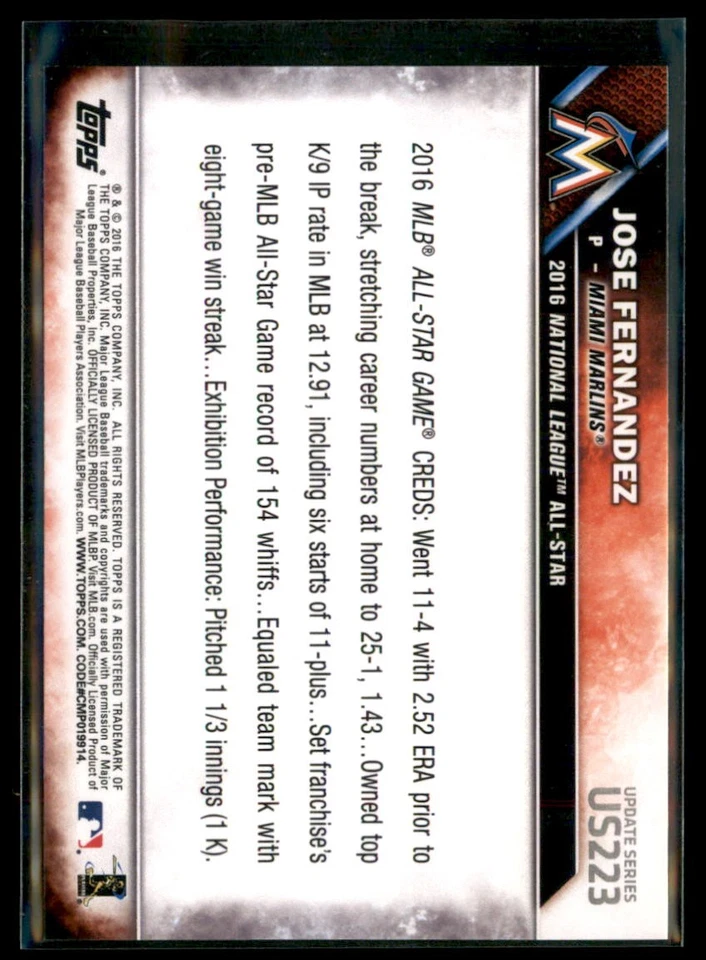 2016 Topps Update Series Jose Fernandez Marlins US223 - Image 2 of 2