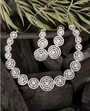 Indian Bollywood Bridal Wedding Silver Plt Jewelry CZ Ethnic AD Necklace Set 3PC
