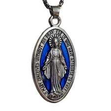 Virgin Mary Miraculous Medal Pendant Enamel Necklace Catholic Jewellery & Boxed