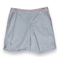 Lilly Pulitzer Seersucker Palm Beach Fit Shorts Blue Pink Trim Coastal Beach 10