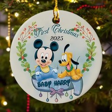 Personalized Baby Mickey Pluto Dog First Christmas 2025 Ceramic Ornament