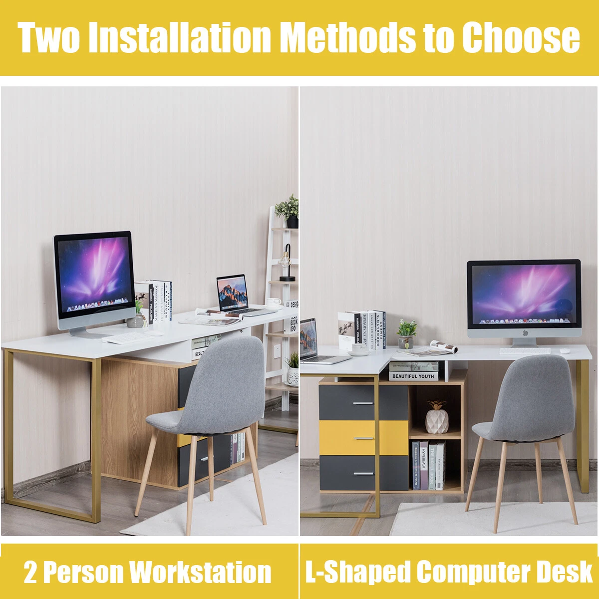 Double Computer Desk L Shaped 2 Person Workstation Writing Desk w