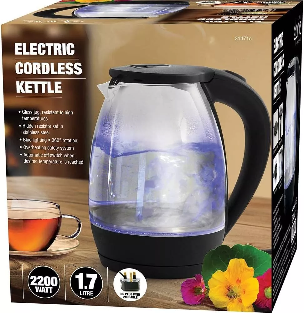 1L Electric BPA-Free Glass Kettle, Cordless 360°, Blue LED , Auto