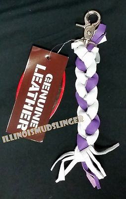 Leather Key Chain Whip for Motorcycle White & Purple Braided Chrome Plated Clasp