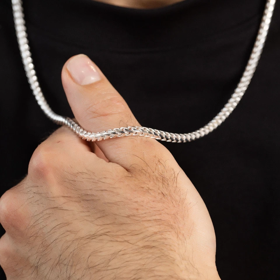 Colar de corrente masculino sólido prata esterlina 925 4 mm caixa Franco 22" feito na Itália - Imagem 2 de 2