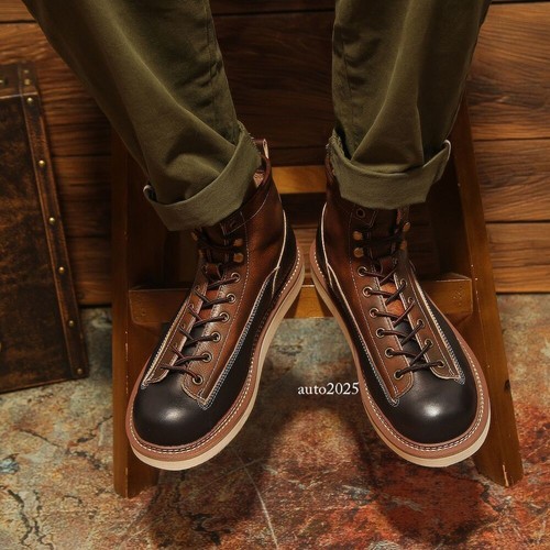 Botines de cuero real para hombre ropa de trabajo punta redonda carga parte superior alta zapatos de tabla nuevos - Imagen 7 de 13