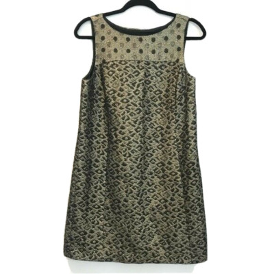 Tibi Size 8 Black Gold Metallic Lurex Leopard Shift Mini Dress jacquard Cocktail