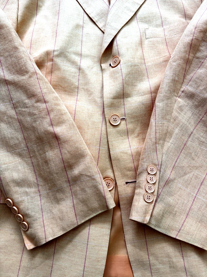 Пасхальный персиковый костюм куртка пальто мужская 48R льняная смесь в полоску 3 пуговицы Vitorio St. - Изображение 3 из 4