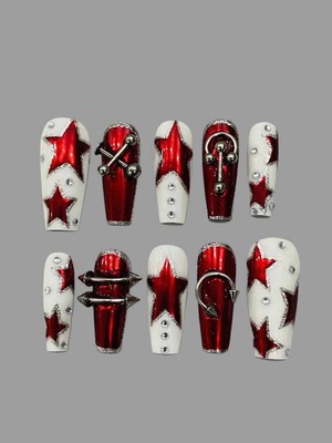 Red Starry Christmas Night Long Coffin Press-On Nails, Gothic Y2K Aura Set