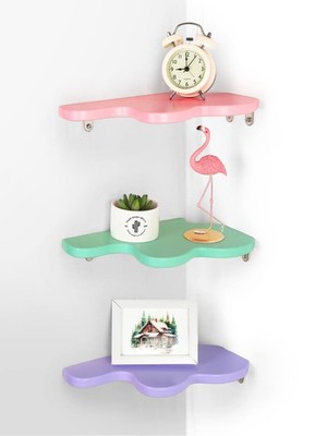Cute Wavy Corner Shelf Wall Mount, Set of 3 Wood Floating Cloud Corner Wall S...