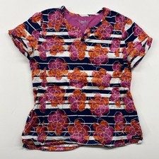 Landau Women's Floral Scrub Top Blue White Stripes with Pink Flowers Size Med