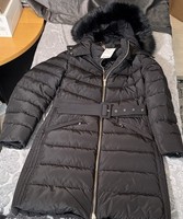 Mango Women Down Black Long Puffer Coat With Faux Fur Hood And Belt US Sz S