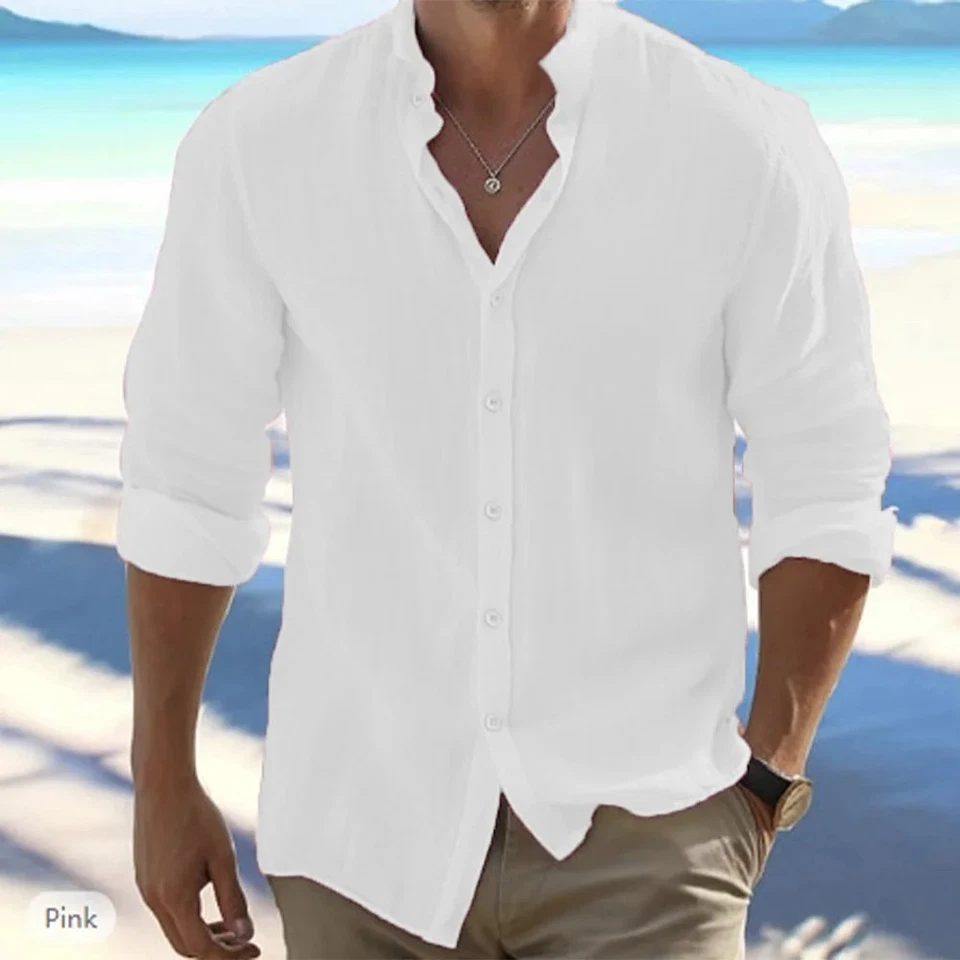 Men's Cotton Linen Long Sleeve Summer Beach Shirt Casual T-shirt Tee Party Gift - Image 3 of 4
