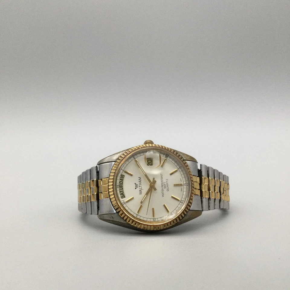 Часы мужские Waltham день-дата 35 мм серебро золото двухцветный эластичный ремешок новый аккумулятор - Изображение 4 из 4