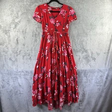 Simplee Maxi Dress Women's S Red Floral Print Button Front Elastic Waist