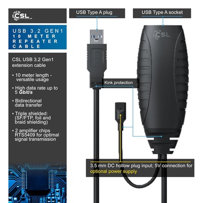 CSL USB 2.0 Repeater Cable - Amplifier - Extension Cable - Repeater Cable With Signal Amplification (10 M, USB 2.0