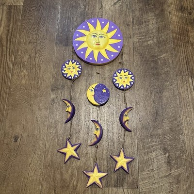 Vintage 90s Celestial Sun Moon Hanging Mobile Windchime Decor Whimsygoth Purple