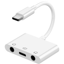 Vcddom USB C to Dual 3.5mm Audio Headphone and Charger Adapter, 3 in 1 White
