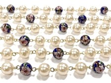 3 Feet Vintage Hong Kong Pearl Blue Cloisonn  6mm Beaded Brass Rosary Chain 690