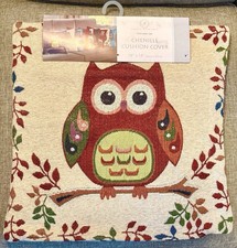 NWT Chenille Tapestry Pillow Cover Owl Leaves Red Tan Green Gold Stitching 18x18