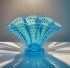 RARE 1940’s Fenton Opalescent Blue Hobnail Footed Fan Vase Ruffled Glass Vintage