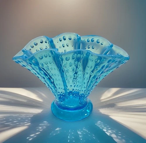 RARE 1940’s Fenton Opalescent Blue Hobnail Footed Fan Vase Ruffled Glass Vintage