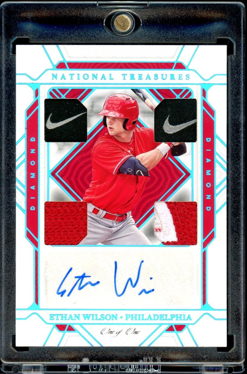 1/1 2022 Panini National Treasures Diamond Ethan Wilson Quad Relic Auto Swoosh