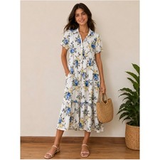Laura Ashley Linen Blend Floral Midi Dress White Blue Yellow Button Front Size S