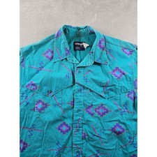 Vintage Wrangler Brushpopper Shirt Mens 17.5-35 Teal Aztec Western Read