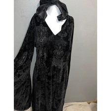 Gothic vamp Black Velvet Burnout Damask Long Sleeve Hooded Maxi Dress