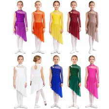 Kids Girls Dress Sheer Dresses Jumpsuit Dancewear Side Split Leotard Mock Neck