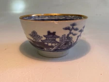 19th Century Porcelain Tea Bowl Ca 1810 Asian Motif in Blue over Lt. Blue Ground