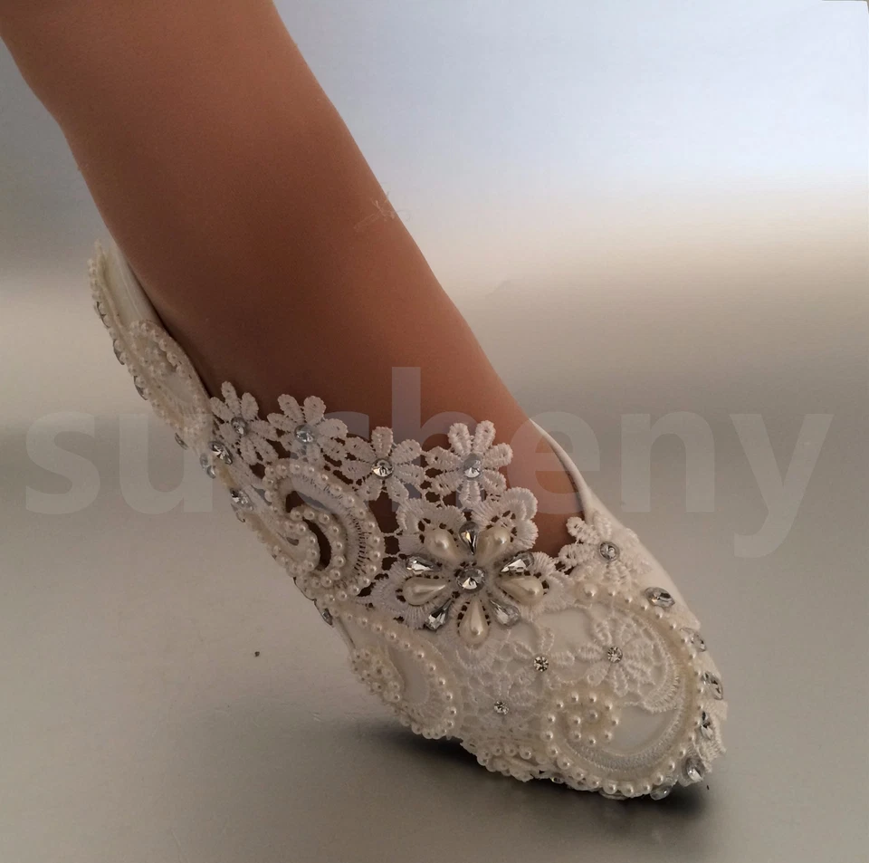 su.cheny White ivory pearls rhinestones lace flat Wedding shoes Bridal size 5-13 - Image 3 of 4