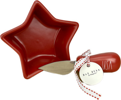 Chantal ~ Red Star-Shaped Ramekin   & Rae Dunn ~ Red ''USA'' Cheese Knife ~ 2 pc.