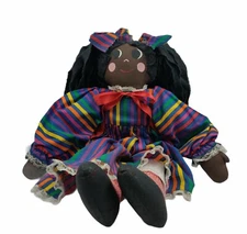 African American Handmade Vintage? Rainbow Striped Dress Bows 18" Rag Doll