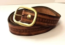 Brown Leather Belt Embossed Design Down Center with # 708 Brass Buckle Size 40