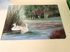 Contemporary Impressionist Watercolor Signed Painting 16x20~Swans On A Pond