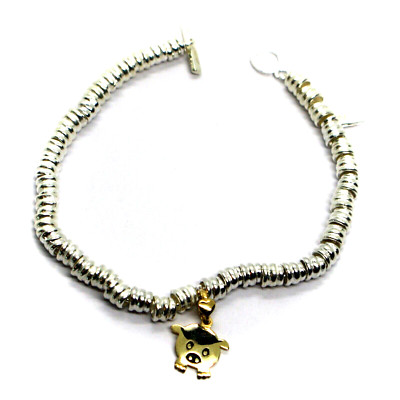 925 STERLING SILVER CIRCLES BRACELET, 9K YELLOW GOLD 12mm PUPPY PIG PENDANT