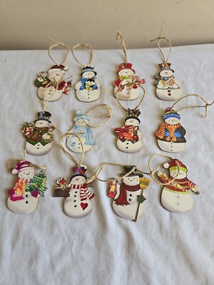 12pc Set Of Wood Snowmen Hanging Christmas Tree Ornaments Holiday Decorations