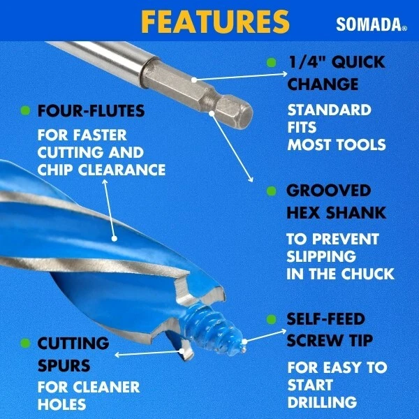 Juego de brocas de barrena SOMADA para madera, 4 piezas, tamaño de 1/2", 5/8", 3/4" y 1" pulgadas Foto 3 de 4