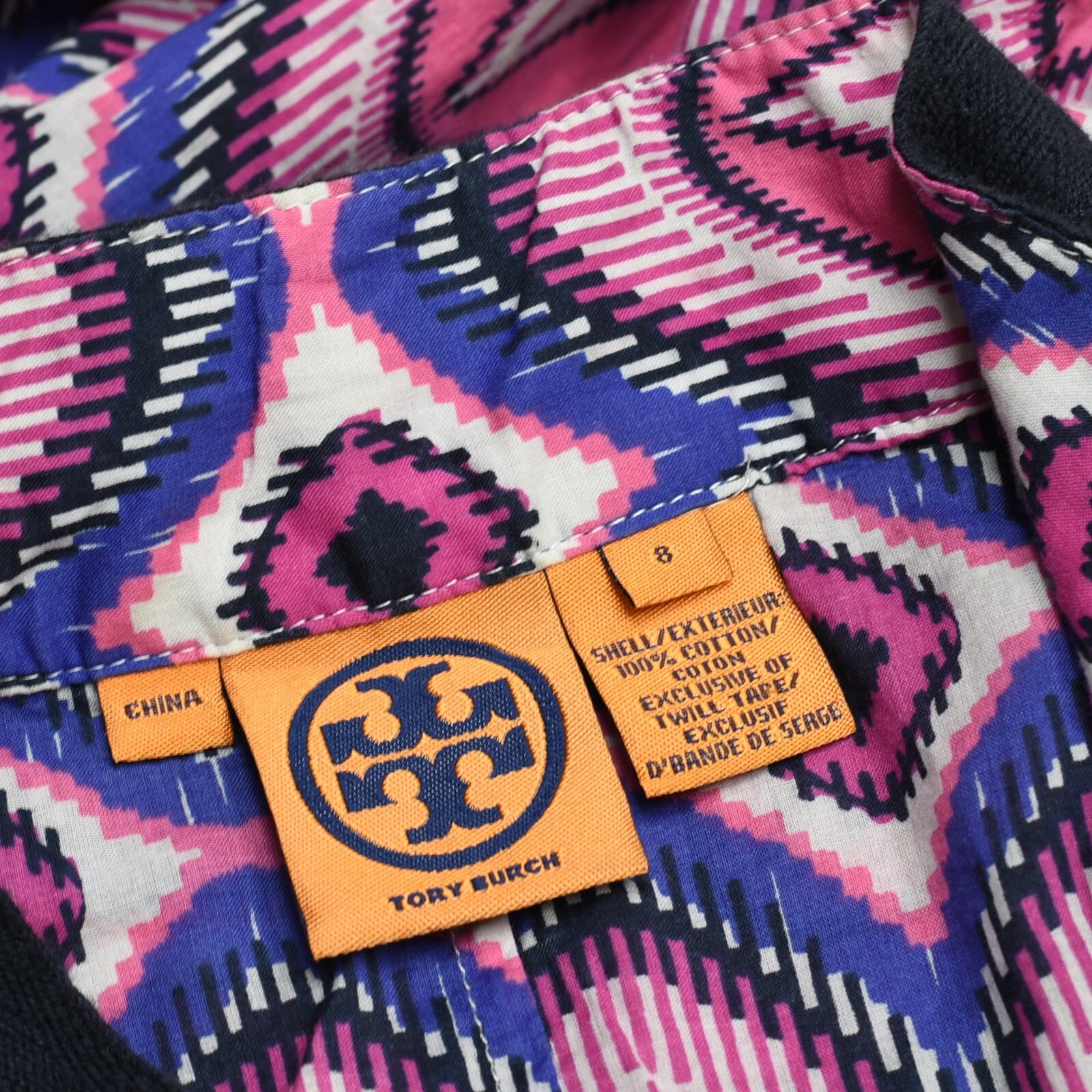 Abito donna Tory Burch tubino scollo V geometrico manica 3 4 cotone rosa taglia 8