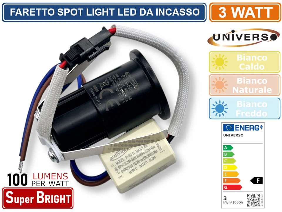 FARO FARETTO LED PUNTO LUCE SPOT LIGHT ROTONDO COLORE NERO DA INCASSO 3W - Immagine 3 di 3