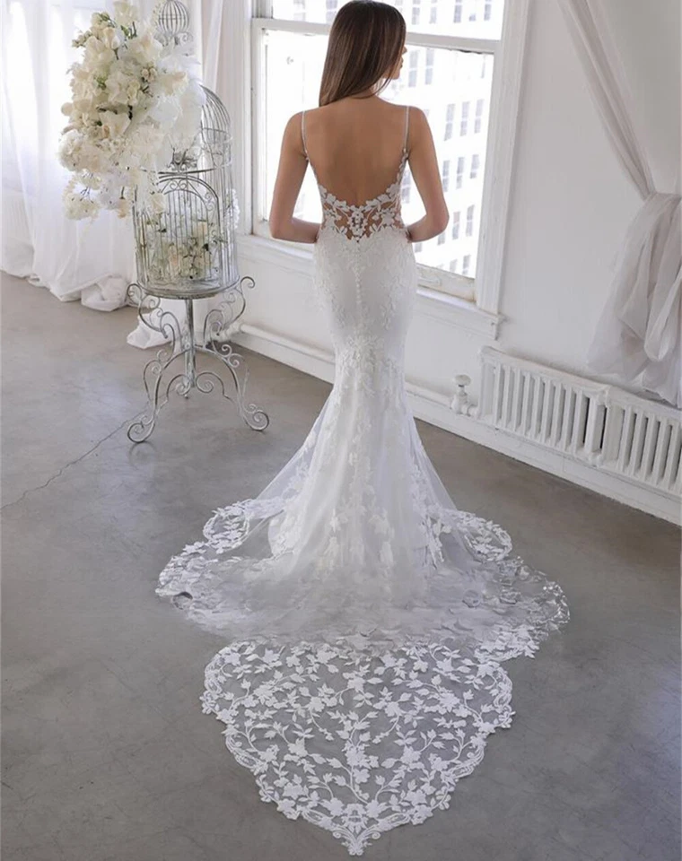 Sexy V Neck Spaghetti Straps Applique Backless Button Lace Mermaid Wedding Dress - Image 2 of 4