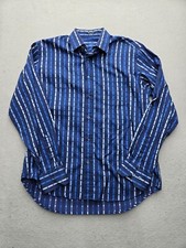Bugatchi Men Button-Up Large Blue Plaid 100 Cotton Long Sleeve Button Cuff