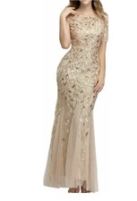 Women's Bodycon Tulle Shimmer Sequins Mermaid Maxi Long Party Dress Gold Size M
