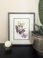 Vtg Framed Cross-Stitch Picture of Butterflies with Bead Embellishments