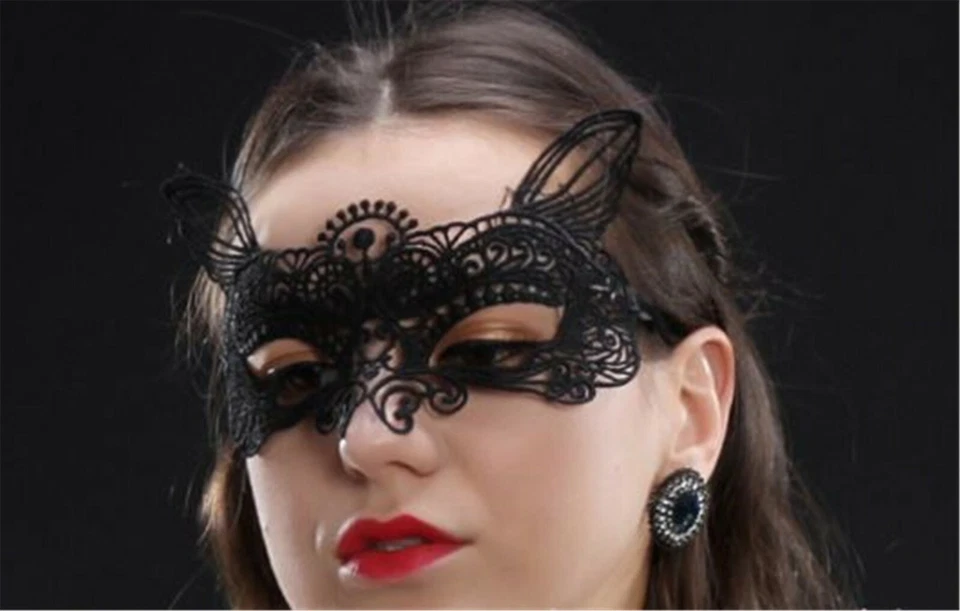 Women Kids Fox Cat Black Lace Costume Party Fancy Dance Ball Eye Face Mask prop - Image 2 of 4